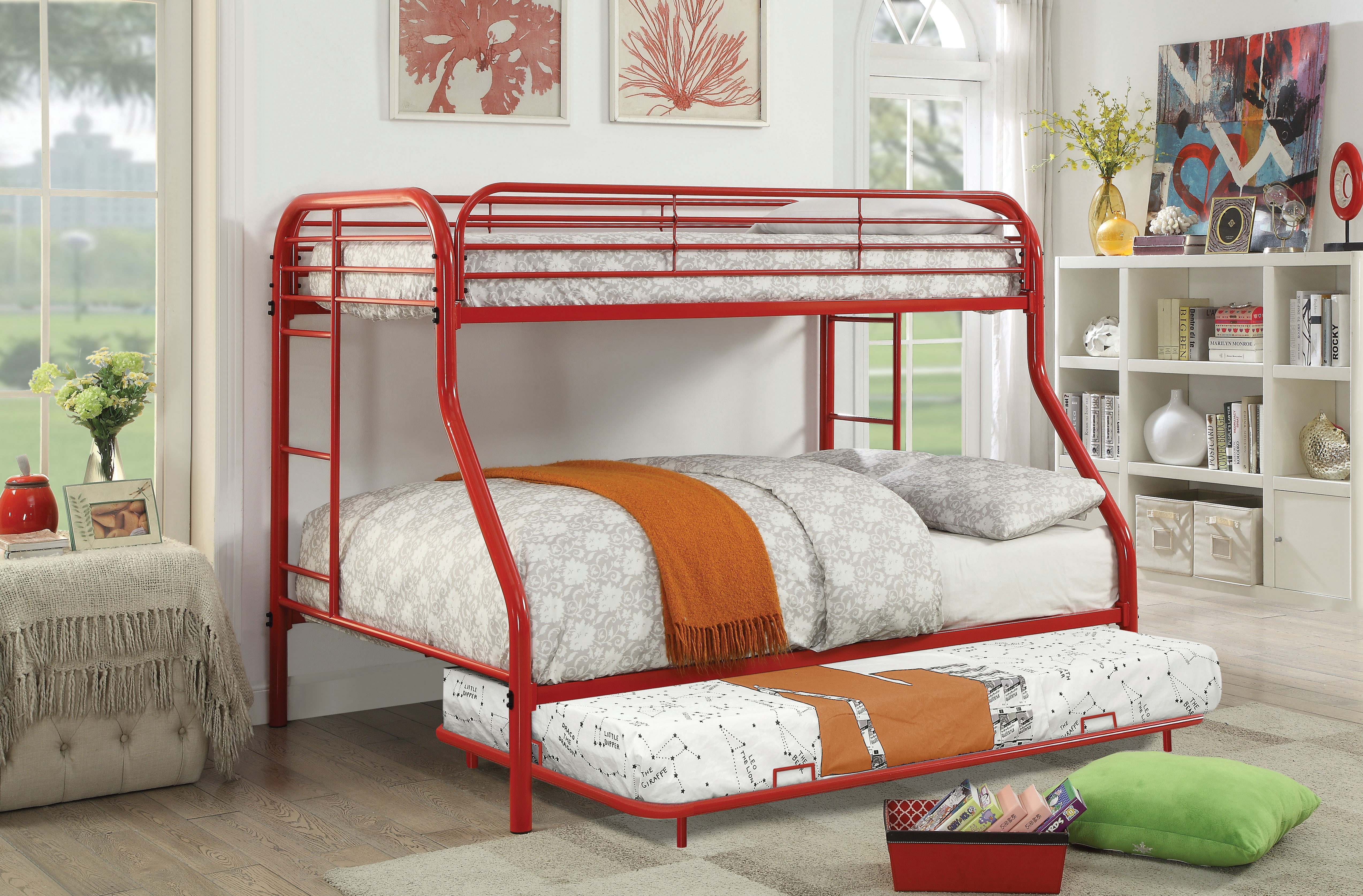 Furniture of America Wade Transitional Metal Bunk Bed, Twin/Full, Red