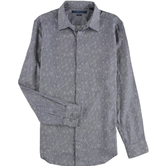 Perry Ellis Mens Jacquard Floral-Print Button Up Shirt, darkdenim, 2XL Neck
