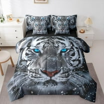 Manfei Teens Tiger Animal Bedding Comforter Set 7 Pieces,Woodland Wildlife Full Bedding Set Lightweight,Black White Blue Fitted Sheet Flat Sheet,Luxury Bedroom Decor,Reversible