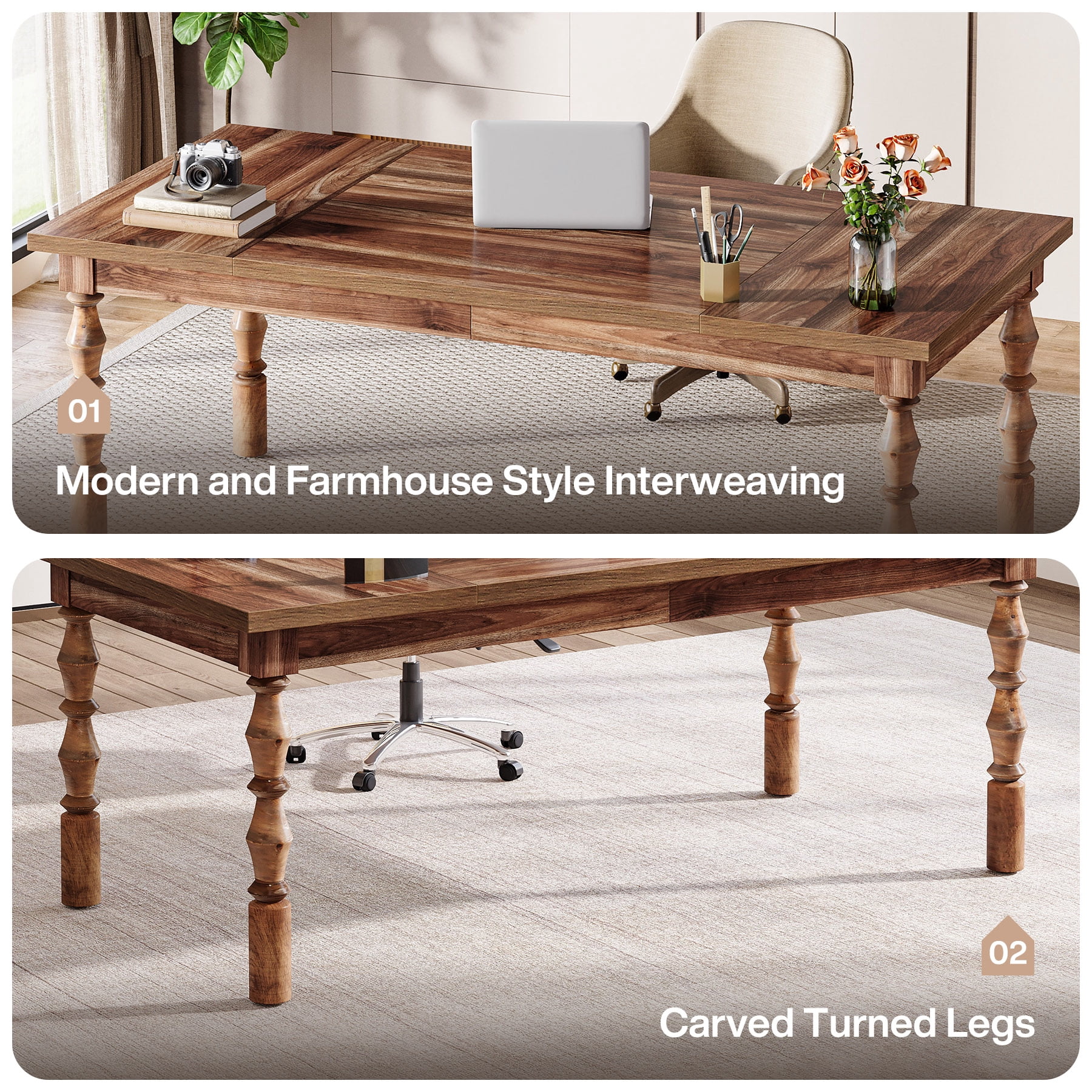 Tribesigns Large Executive Office Desk, Wood 62.2-Inch Farmhouse Computer Desk,Walnut