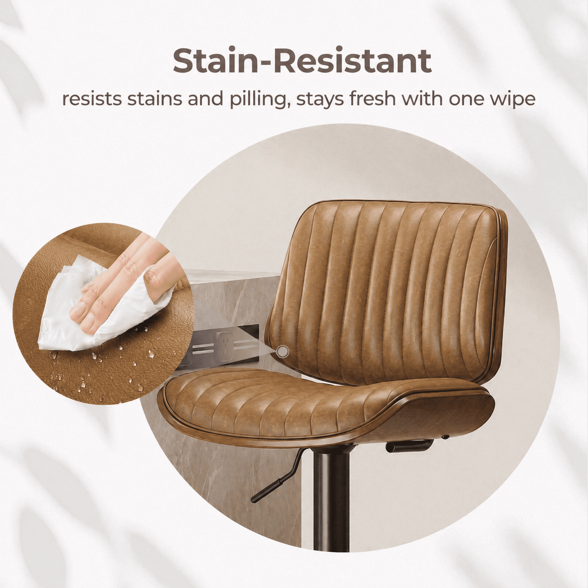 EOP Modern Upholstered Barstools Set of 4, Adjustable Height Counter Stools with Bentwood, Faux Leather Swivel Bar Stools with Metal Frame, Brown