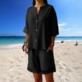 thumbnail image 6 of Jinhomg Two Piece Short Set for Women Cotton Linen Short Sleeve Sweatsuit Sets Buttons Down V Neck Lounge Tracksuits Black,XL, 6 of 7