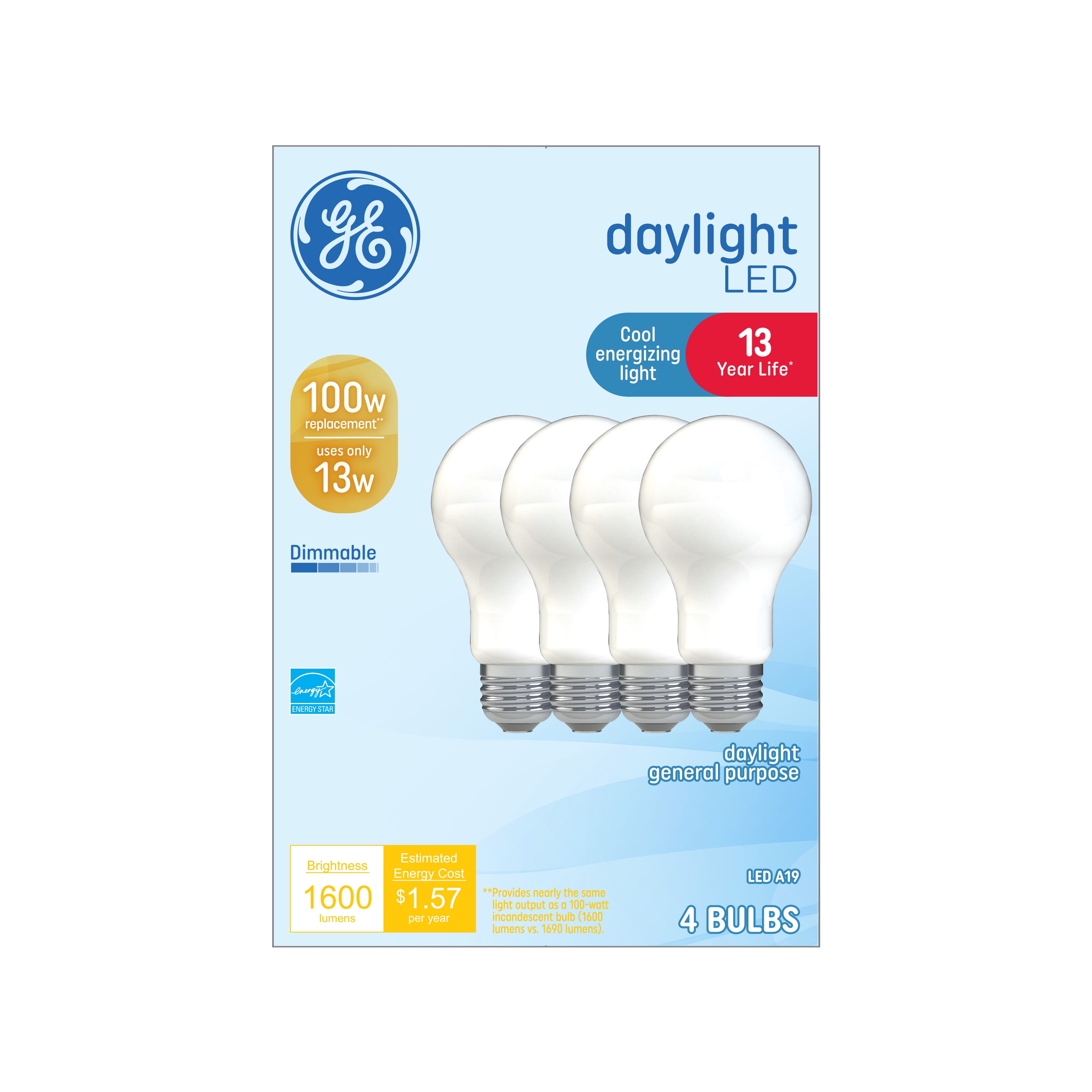 GE Daylight LED Light Bulbs 13 Watt (100 Watt Equivalent) Cool Energizing Light, A19 Bulb Shape, Medium Base, Dimmable (4 Pack)