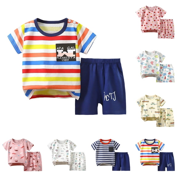Nwiuh Toddler Baby Boys Summer Outfits Short Sleeve Cartoon Print T-Shirt Tops & Shorts Sets 2Pcs Baby Boys Summer Clothes For 1t 2t 3t 4t 5t 6t(White, 6-12 Months)