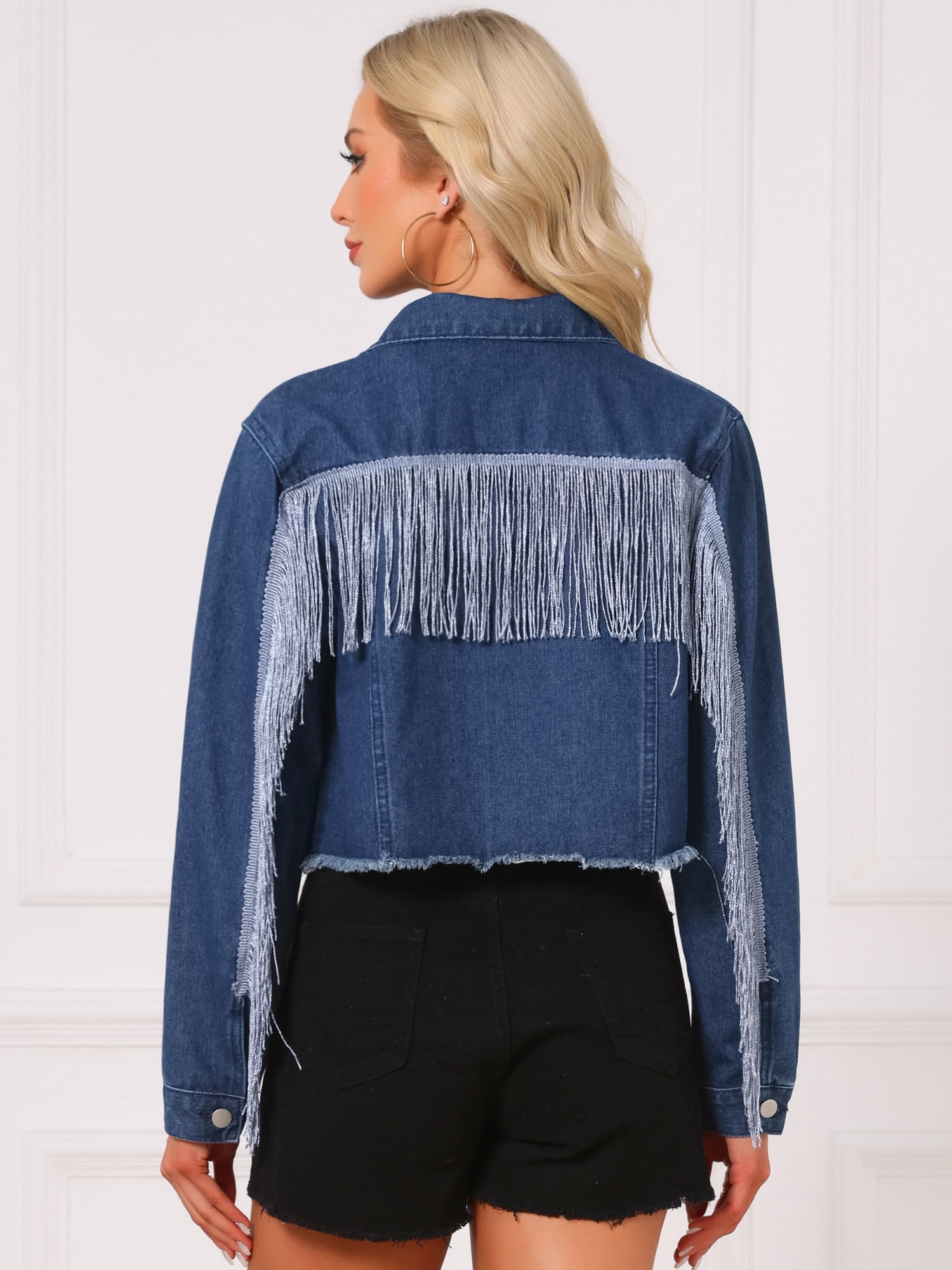 DARING DIVA Women's Cropped Jean Long Sleeve Frayed Tassel Fringe Denim Jacket L Blue