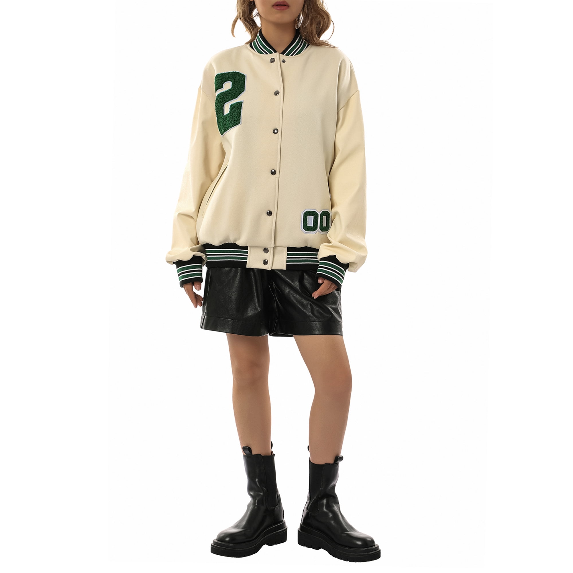 Sylvamorning Women Oversized Varsity Jacket Long Sleeve Zip Up Bomber Jacket Letter Print Baseball Coat Biker Outwear Streetwear Other