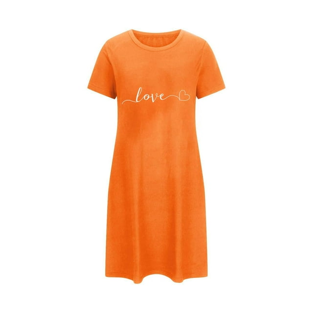 Oksale Robe de Nuit de la Saint-Valentin pour Femmes Douce et Confortable à Manches Courtes Grande Taille Robes Mignonnes Imprimées à Col Rond Mini Tenue de Nuit Décontractée Ample Respirante Robes de Nuit Orange 3TG
