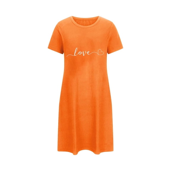 Wensltd Women Trendy Sleepdress Short Sleeve Plus Size Short Sleepdress With CPrint Round Neck for Valentine's Day Cozy Wear Orange