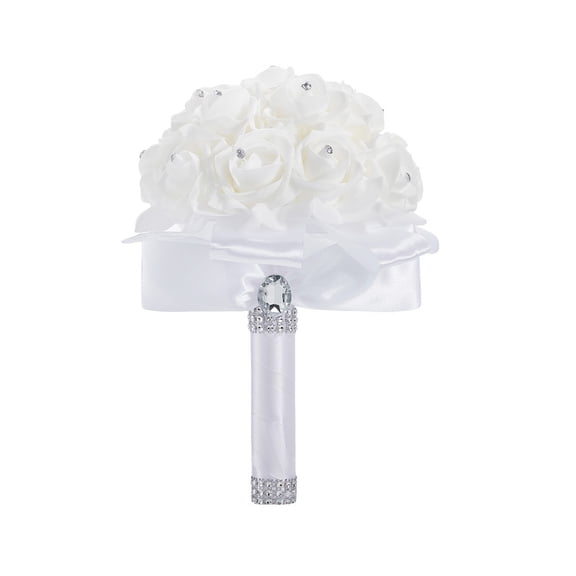 White Artificial Rose Bridal Bouquet, Handmade Wedding Bouquet with Rhinestone & Satin Ribbon, Foam Flower Bridesmaid Holding Bouquet for Wedding Ceremony Decor