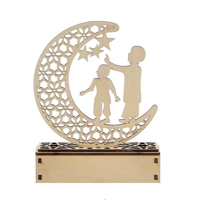 LED Eid Ramadan Hollow Decorations Openwork Carving Wooden Light Durable Table Light Crafts
