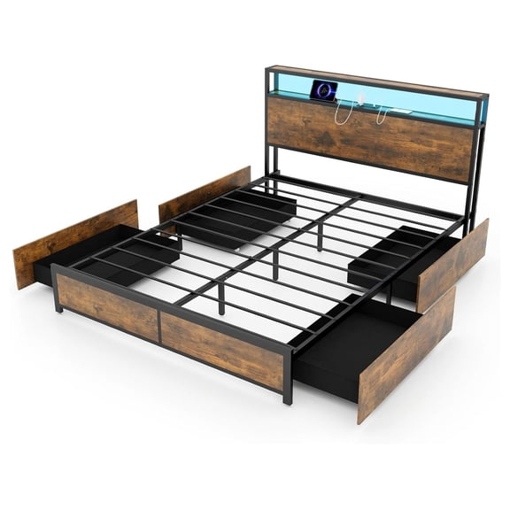 Queen Metal Platform Bed Frame with Headboard and 4 Drawers, RGB Show, USB Charging Station, No Box Spring Needed