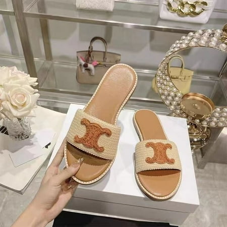 

2024 Summer One-word Slippers New Outer Wear Woven Flat-bottomed Beach Fashion Casual Leather Slippers