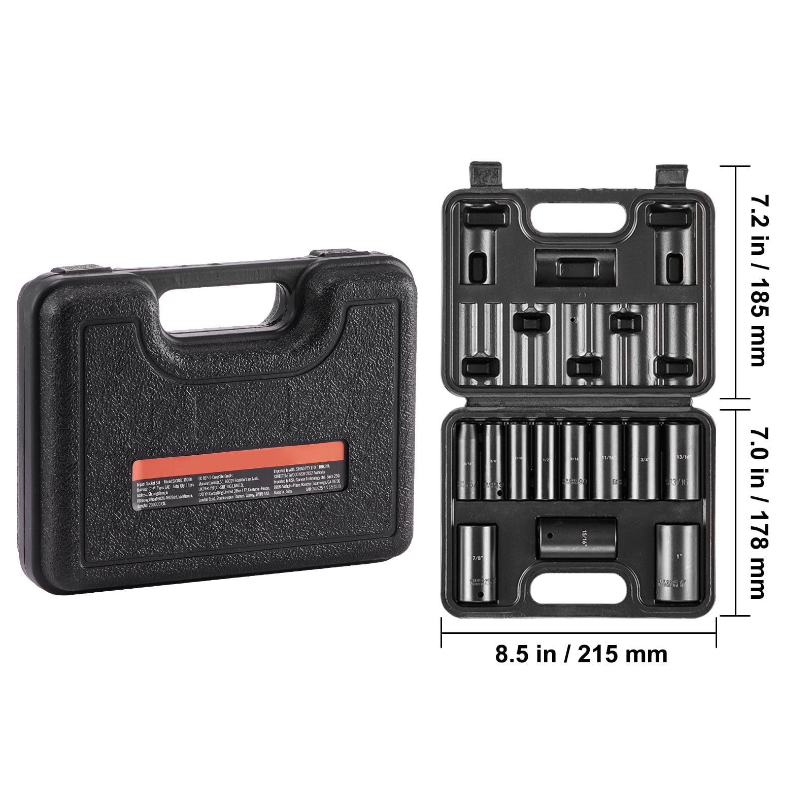KFFKFF 3/8" Drive Deep Impact Socket Set, SAE, 11 Pcs, 5/16"-1", 6-Point, CR-V Steel, for Vehicle Maintenance, Clear Size Labels, Durable Build, Comes with Case