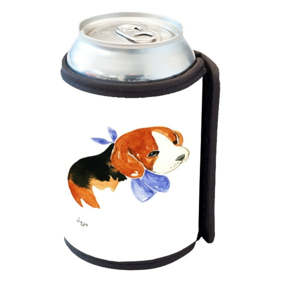 KuzmarK Insulated Drink Can Cooler Hugger - Beagle Puppy with Blue Bandana Dog Art by Denise Every