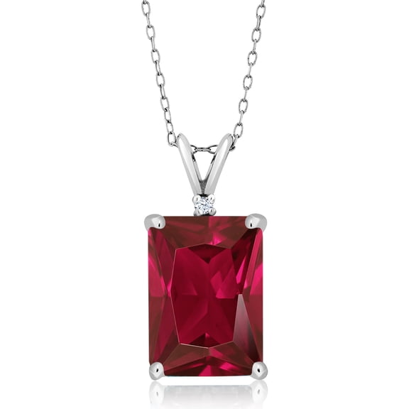 Gem Stone King 925 Silver Red Created Ruby Pendant Necklace for Women (5.02 Cttw, Gemstone July Birthstone, Emerald Cut 14X10MM, with 18 inch Silver Chain)
