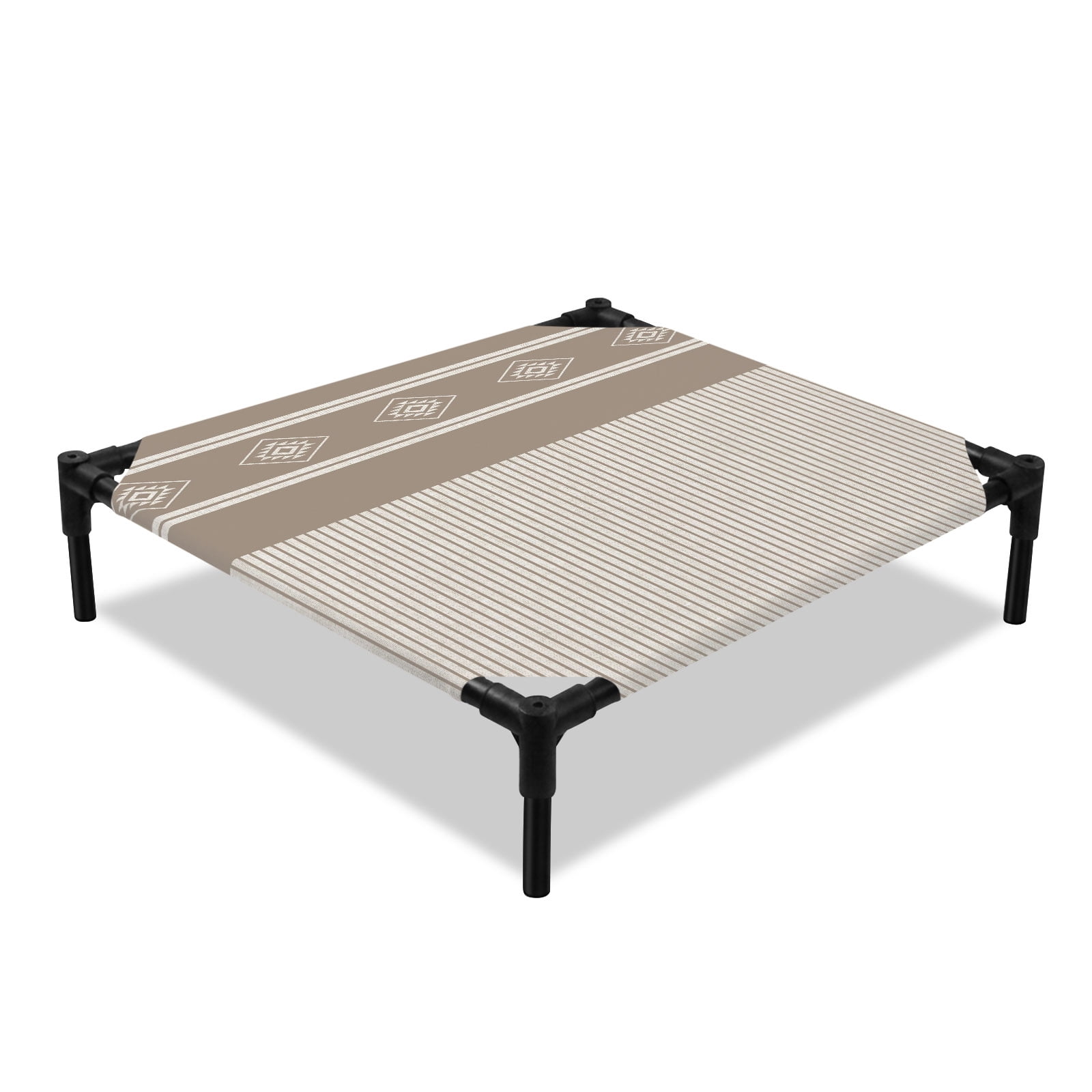 Taupe Stripe Border Elevated Dog Bed Boho Brown Cream Diamonds Stripes Cooling Breathable Outdoor Raised Dog Cot Bed with Metal Frame Non-Slip Feet for Small Dog 20x20in