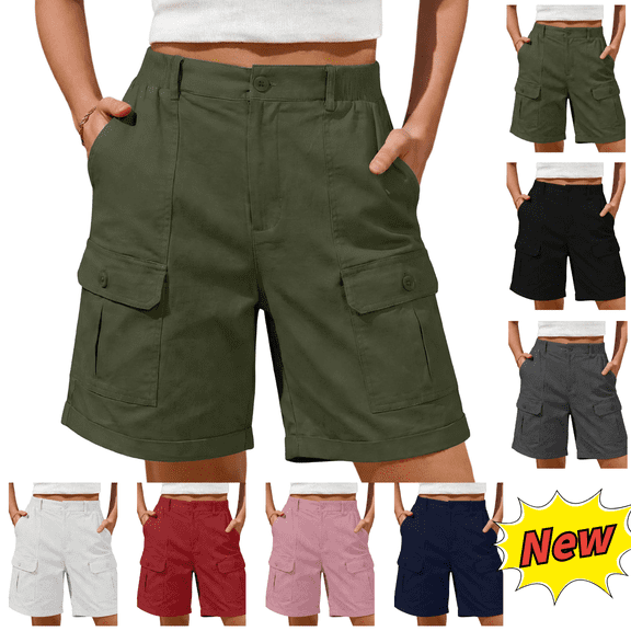 Utoimkio Women's Cargo Shorts Casual Elastic Waist Button Up Lounge Shorts Comfy Relaxed Fit Summer Shorts for Women with Pockets Size S-XXL