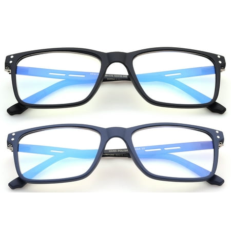 2 Pairs - Blue Ray Blocking Lens Light Weight Rectangular Medium Size Frame Metal Spring Temple Computer Reading Glasses for Men for Men, Reading Glasses +2.00 With Hard Case