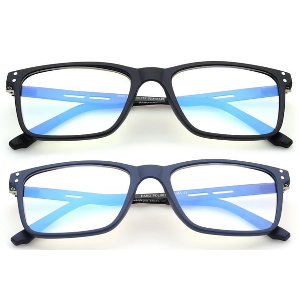 2 Pairs Blue Ray Blocking Lens Light Weight Rectangular Medium Size Frame Metal Spring Temple 