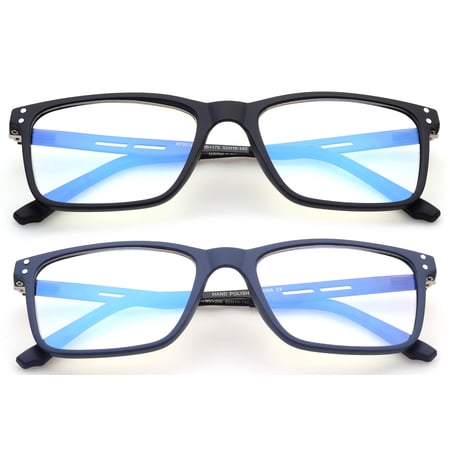 2 Pairs - Blue Ray Blocking Lens Light Weight Rectangular Medium Size Frame Metal Spring Temple Computer Reading Glasses for Men for Men, Reading Glasses +2.00 With Hard Case
