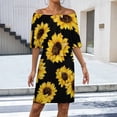thumbnail image 2 of Sunflower Black Background Women's Off The Shoulder Ruffles Summer Wedding Guest Loose Casual Party Beach Dress, 2 of 9