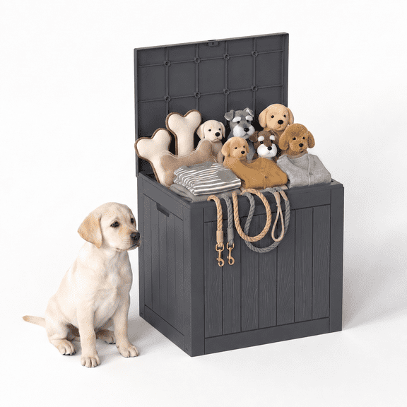 PLAYRANK 30 Gallon Resin Deck Box, Waterproof Flip-Top Storage Box for Dog, Indoor & Outdoor Organizer, Black/Gray.
