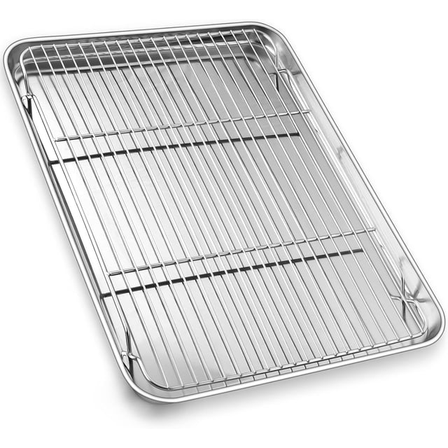 17.5 Inch Large Baking Sheet and Rack Set, P&P CHEF Half Stainless Steel Cookie Sheet Baking Pan with Cooling Rack for Cooking/Roasting, Non-Toxic & Bake Evenly, Oven & Dishwasher Safe
