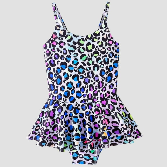 ATOGUTA Toddler Swimsuit Girl Cute Leopard Print Bikini Ruffles One-piece Swimsuit Skirt Blue, Sizes 4T-12
