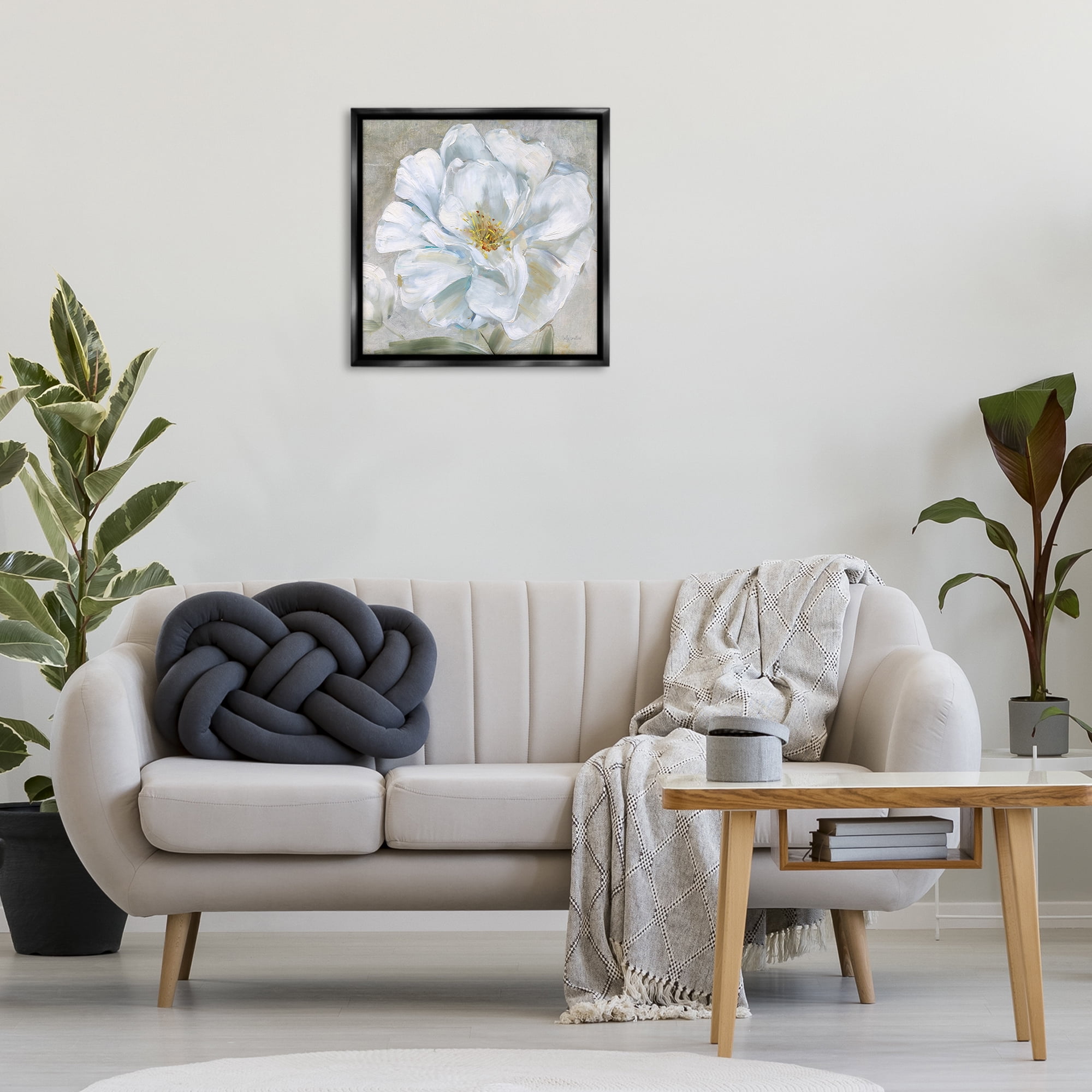 Stupell Industries Close Up White Bloom Plants & Flowers Painting Black Floater Framed Canvas Art Print Wall Art, 25 x 25