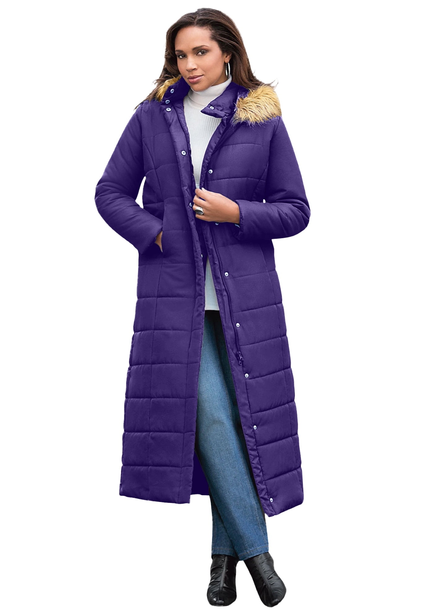 Roaman's Women's Plus Size Maxi-Length Puffer Jacket With Hood Winter ...