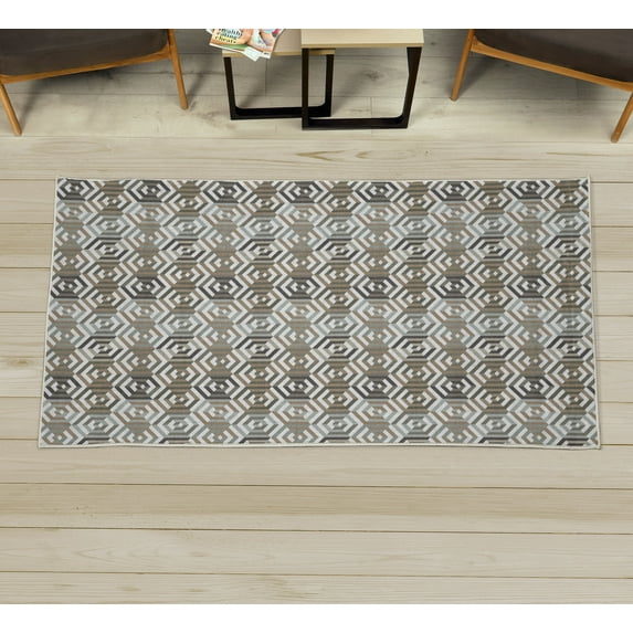 Geometric Decorative Rug, Abstract Cubes Isometric Hexagonal Shaped Pattern Colorful Retro Design Print, Quality Carpet for Bedroom Dorm and Living Room, 6 Sizes, Taupe Dust, by Ambesonne