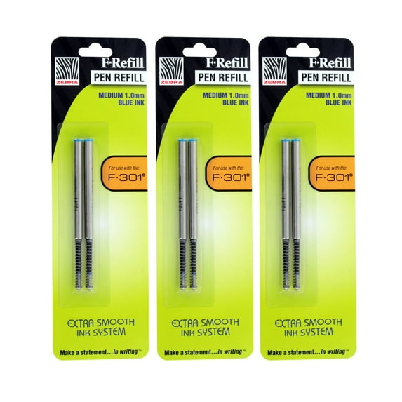 Zebra F301, F301 Ultra, F402, 301A, Spiral Ballpoint Pen Refills Blue/Medium 6 Pack