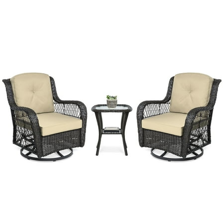 Bistro Set Resin Wicker Best Choice Products 3-Piece Outdoor Wicker Patio Bistro Set with 2 360-Degree Swivel Rocking Chairs and Tempered Glass Top Side Table, Beige ()