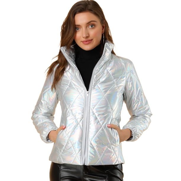 Chaqueta Acolchada de Plumón Metálico con Cremallera Brillante Holográfica para Mujer Plata S