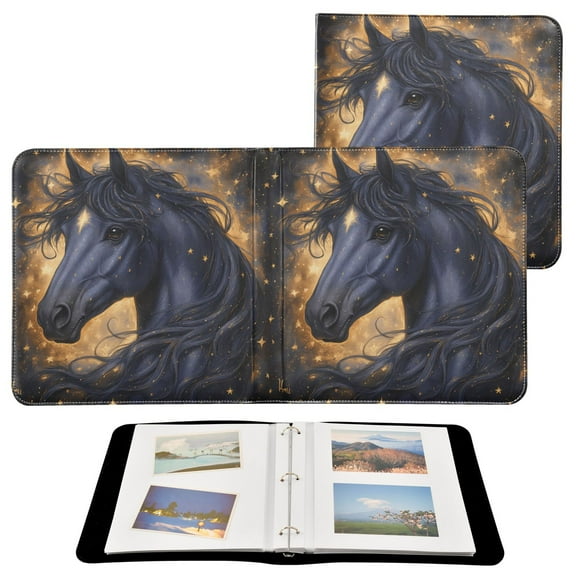 Leather Cover Photo Album 80 Pockets 4x6 Photos Bookshelf Picture Album Black Horse with Stars