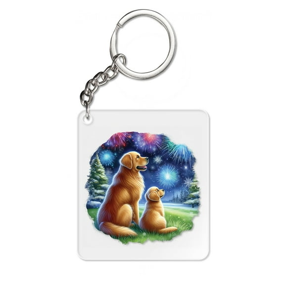 Happy New Year Golden Retriever Family Cheer Winter Midnight Firework Acrylic Keychain Goldens Dog Lover Gifts Idea Collar Charm Tag Keyring - 02025