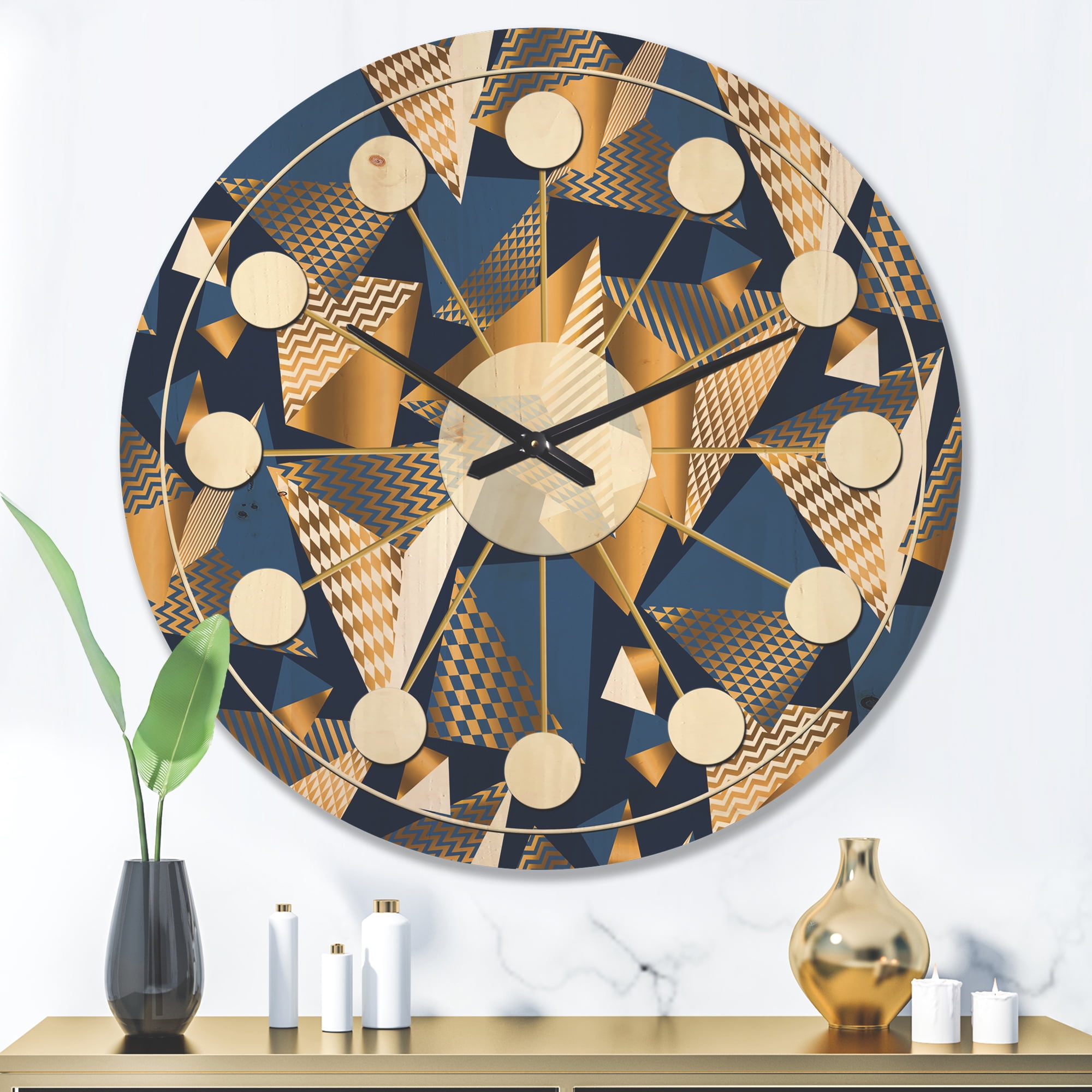Designart 'Blue and Gold Cubes' Mid-Century Modern Wood Wall Clock