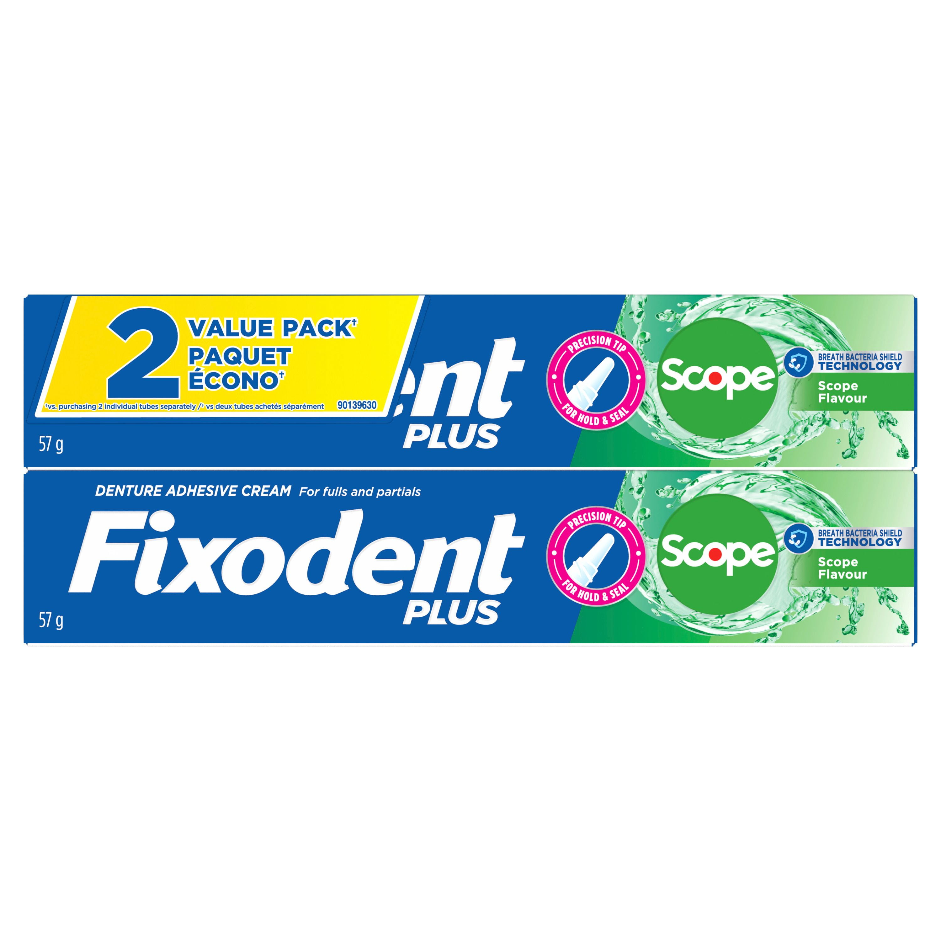 Crème adhésive sûre pour prothèses Fixodent Plus à saveur de Scope, paquet double 2 x 57 g