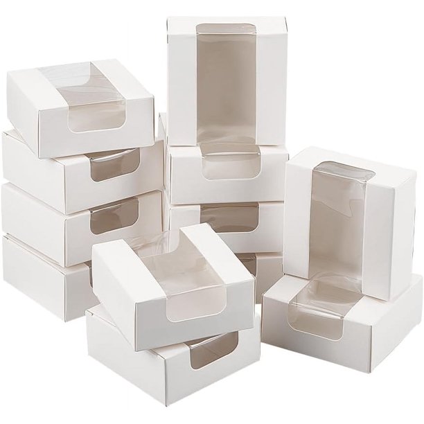 30 cajas de regalo con ventana de PVC, 3,15 x 3,15 x 1,38 pulgadas, de cartón kraft, plegables, para almacenamiento.