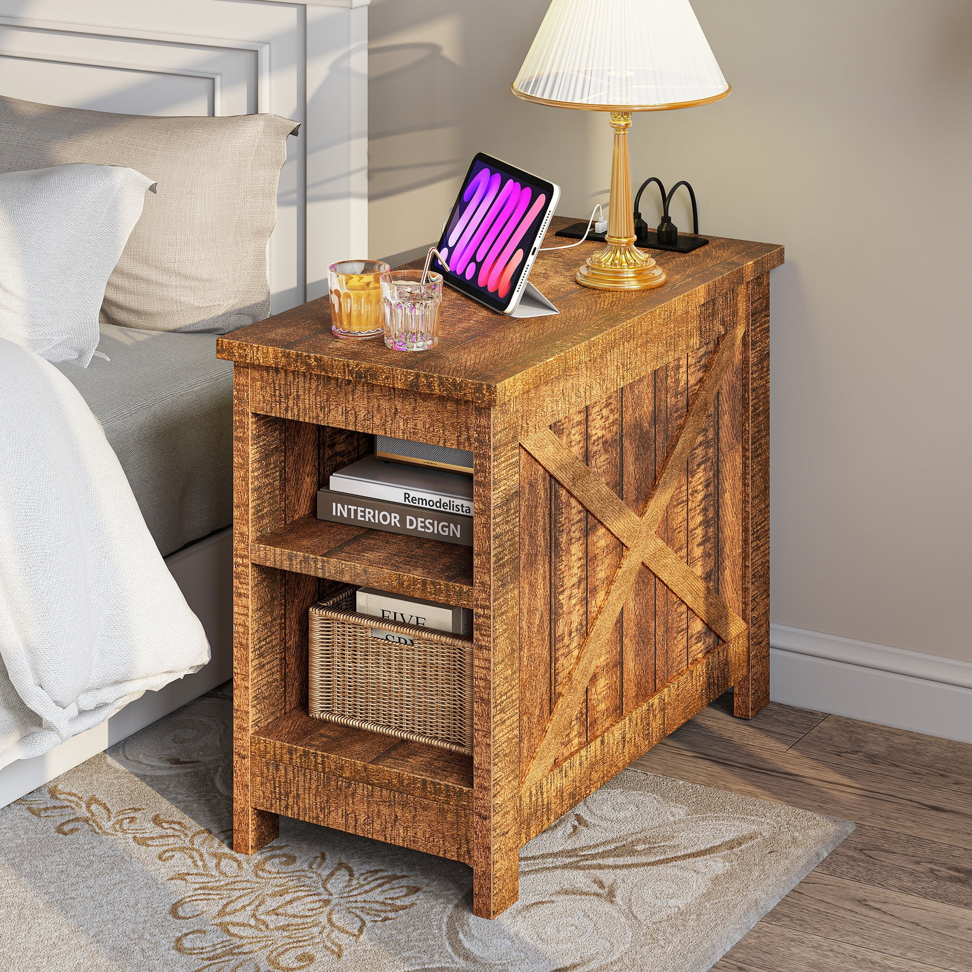 Uforic End Table with Charging Station, Farmhouse Nightstad Side Table, Brown
