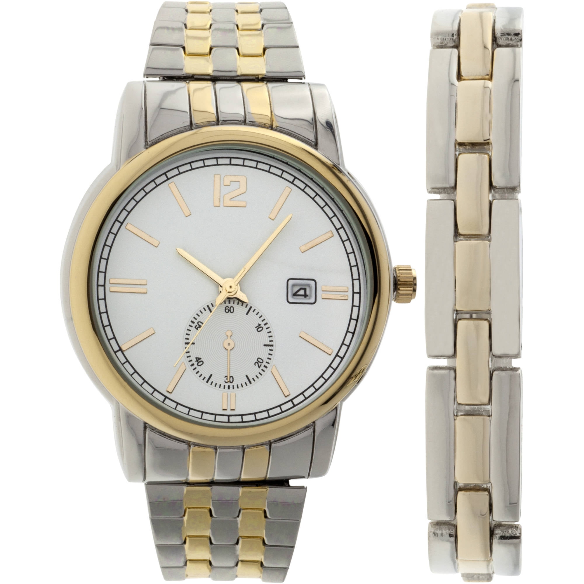 Men's TwoTone Round Watch Bracelet Set, White Dial, Date Window at 3