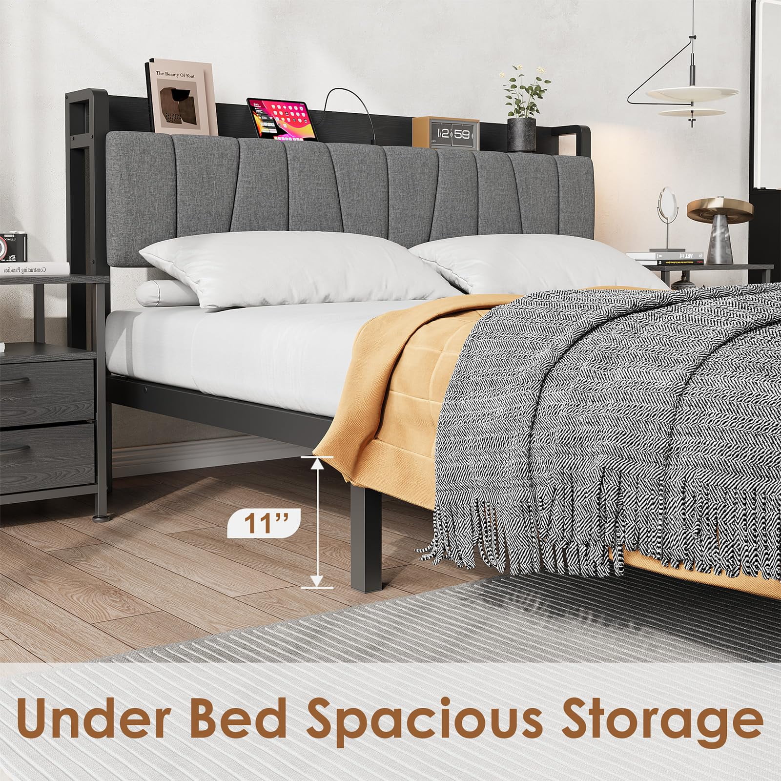 Ataucjin Full/Queen/King Size Bed Frame with Storage Headboard,Upholstered Platform Bed Frame with 2 Large Drawers and Charging Station,No Box Spring Needed,Noise Free,Easy Assembly