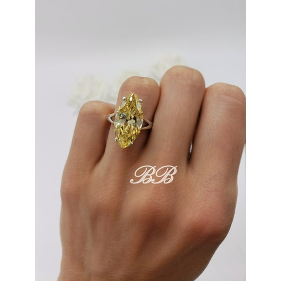10x5MM - 20x10MM Canary Yellow Diamond Marquise Solitaire Ring, 5A Quality CZ, 925 Unplated Sterling Silver