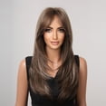 thumbnail image 3 of RightOn  Long Wavy Brown Wigs for Women Dark Brown Wig with Bangs Long Layered Highlight Brown Synthetic Wigs with Wig Cap, 3 of 6