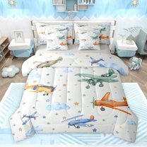 Feelyou Cartoon Airplane Boys Bedding Comforter Set 7pcs, Helicopter Print Queen Bedding Sets, Dreamy Stars Cloud Reversible Queen Sheet Sets, Breathable Home Decor