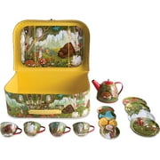 Hearthsong 15-Pc Tea Cup Set Woodland-Themed Tin Play Tea Set w/ Carrying Suitcase for Ages 3+, 11" x 3.5" x 7.75"