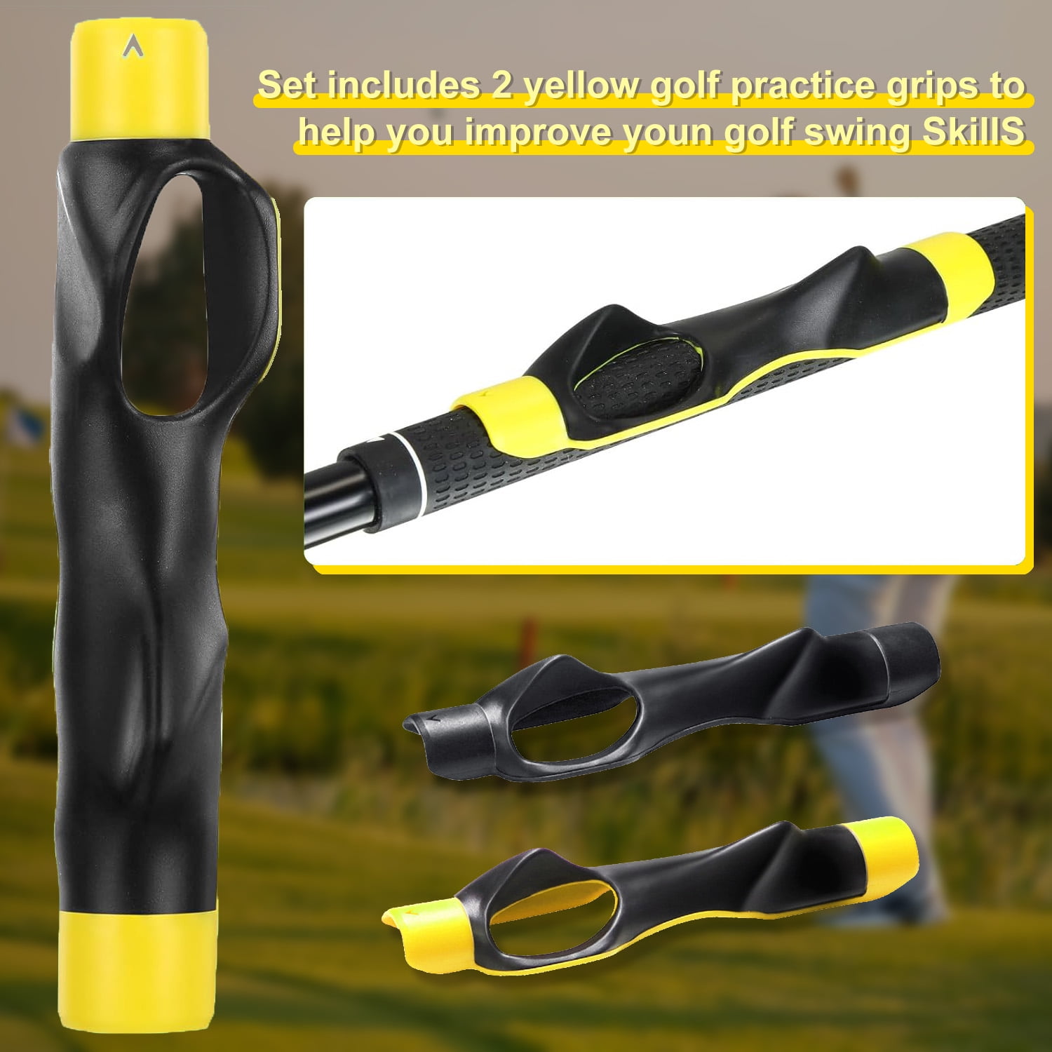 Quanmin 2 Pcs Golf Grip Trainer Training Aid Swing Trainer Attachment for Improving Hand Positioning Right Handed Golf Club Grip Beginner Correct Posture, Black&Yellow