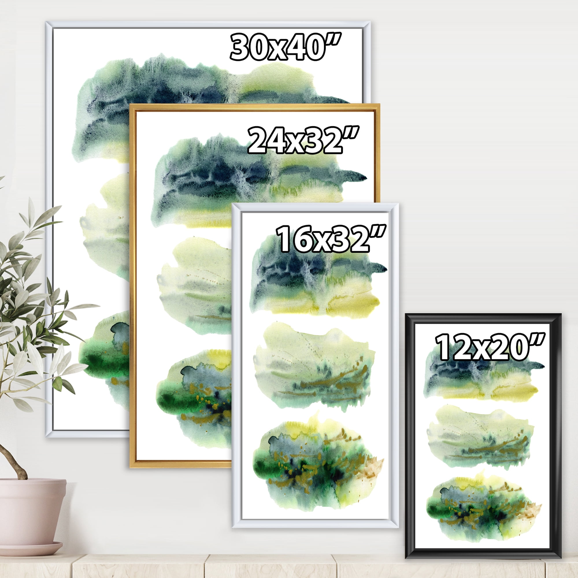 Designart 'Golden Green Abstract Clouds I' Modern Framed Canvas Wall Art Print