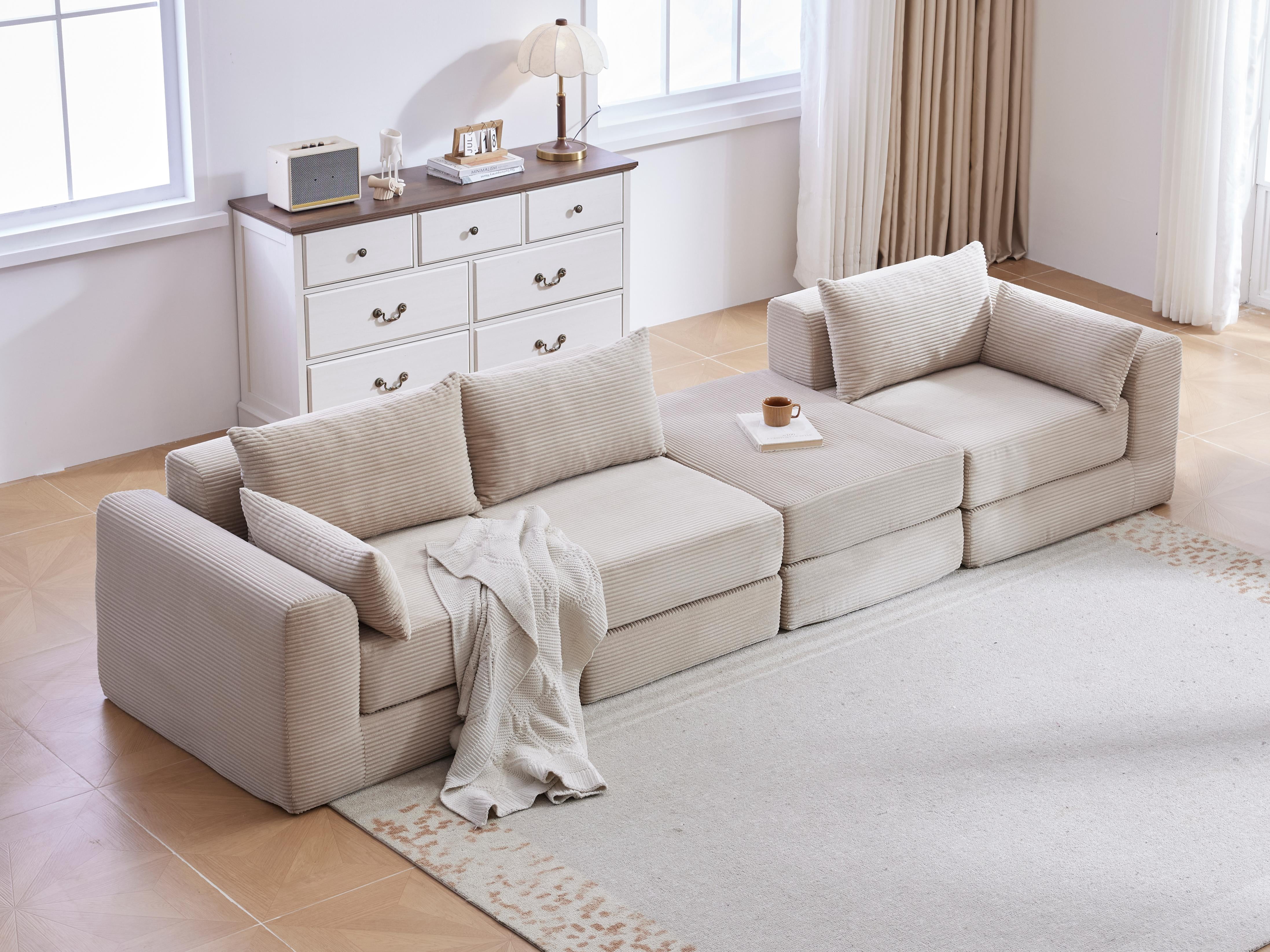 100-Inch L-Shaped Modular Sectional Sofa Couch Set with 5 Pillows, Corduroy Convertible Floor Sofa with High-Density Spring Foam for Living Room Apartment, Camel