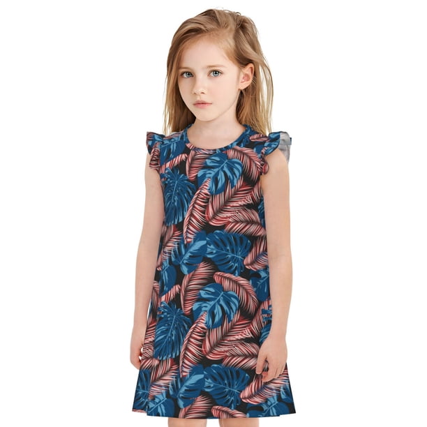 Fotbe Tropical Leaves Vestido de Dormir para Niñas de 3 a 10 Años, Mangas Cortas, Estilo Princesa, Pijama Camisón con Mangas Voladas-XX-Large